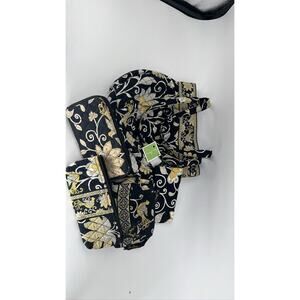 Vera Bradley Yellow Bird 3 Pc Set Tote Wallet Cosmetic Quilted Black